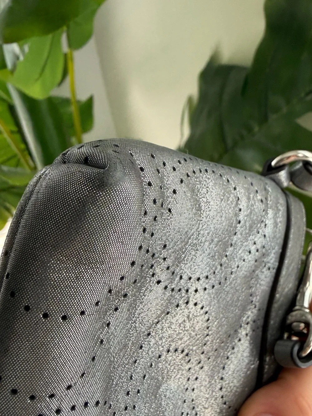 Coach Wallets Perforated Silver Metallic Leather Top Zip Detachable Wristlet